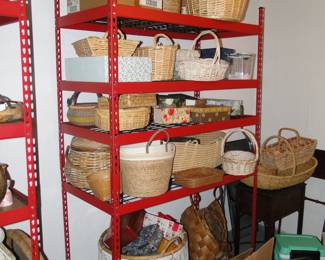This red metal storage rack holding all these baskets is also for sale too