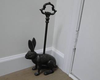 Rustic Cast Iron Bunny Hare Rabbit doorstop with extra long handle