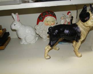 Cast iron door stops, bunny, Santa, Santa Face, and Boxer