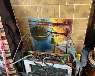 Old stain glass window, decorative fireplace screen, hanging tile art