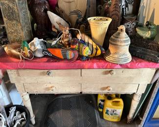 Antique possum belly baking table; outdoor stuff on the top