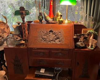 Chinese carved desk with stool