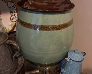 Antique stoneware crock water cooler