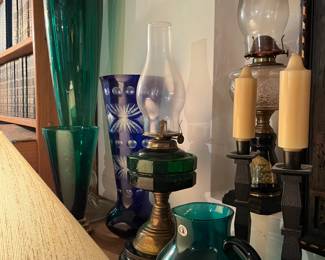 Krosno Jozefina 28" green vase, cobalt Czech vase, antique Falks England oil lamp, green blown glass pitcher