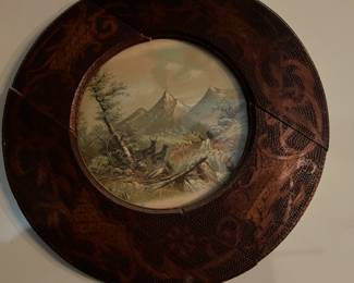 Antique original oil in pyrography frame
