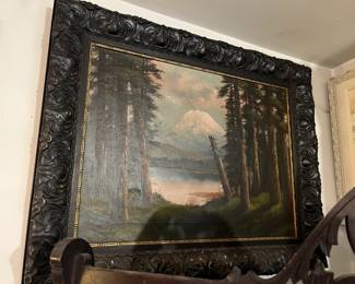Antique oil of snow cap mountain in original frame