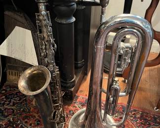 LEFT: Martin Elkhorn low pitch saxophone  / RIGHT: Gretzen baritone bugle 