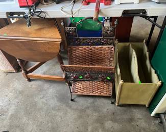 Drop leaf maple table, magazine racks