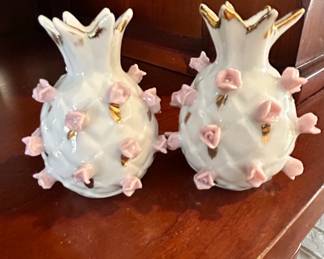Pair of Lefton White Ceramic Pineapple Vases with Pink Roses and Gold Trim