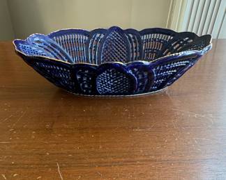 Cobalt Blue Porcelain Lattice Fruit Bowl with Floral Decal