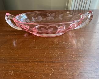 Pink Depression Glass Oval Relish Dish with Etched Butterflies and Flowers