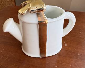 White Ceramic Watering Can with Gold Trim