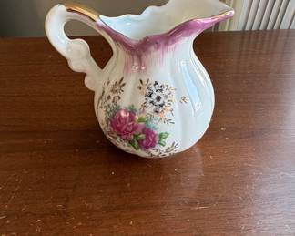 Vintage HandPainted Porcelain Pitcher with Pink Roses and Gold Accents