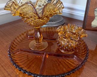 Indiana Glass Amber Hobnail Footed Compote and Divided Relish Tray Set