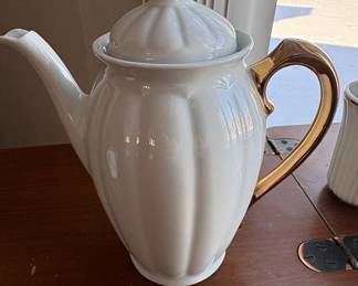 White Porcelain Pumpkin Teapot with Gold Accents