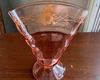 Pink Depression Glass Poinsettia Footed Vase with Floral Etching