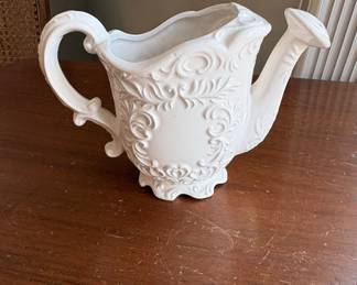 White Ceramic Decorative Watering Can with Embossed Scrollwork