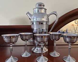 Farber Bros Krome Kraft Art Deco Cocktail Shaker and Coupe Glasses Set