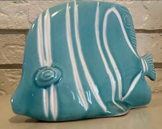 Vintage Turquoise and White Striped Ceramic Angelfish Figurine