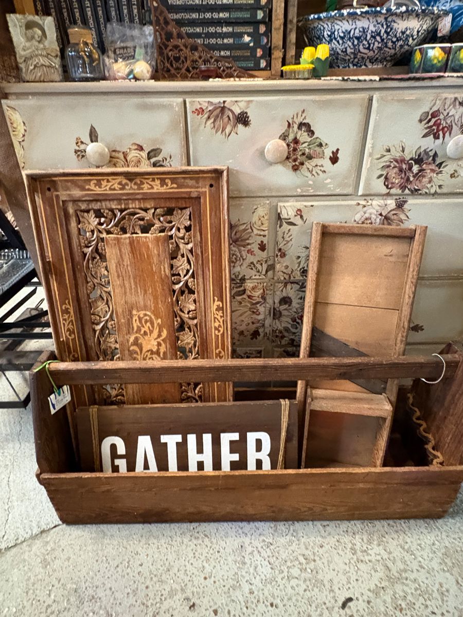 Antique tool tote, carved tray, hand painted dresser, cabbage slicer,  gather sign
