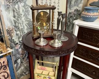 Lamp table, Pewter and other candlestick holders, Brass Clock
