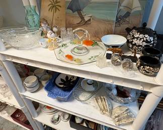 Painted Tidbit tray, glass bowls, Asian pottery