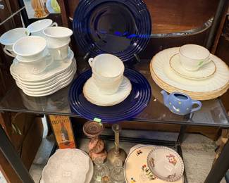 Milk glass snack sets,  candle holders, Cobalt Blue Plates