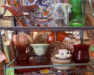 Larger Bird Plate, Copper Planter, Ruby Vase, Crosses, Green glass vase