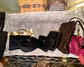 Purses, Brass bowl, Fostoria serving plate