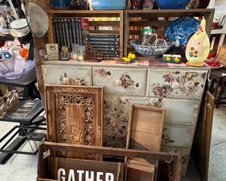 Primitive Tool Tote, Carved tray, Gather sign, Cabbage slicer, hand painted Dresser 