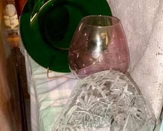 Crystal basket, green glass plate, purple snifter 