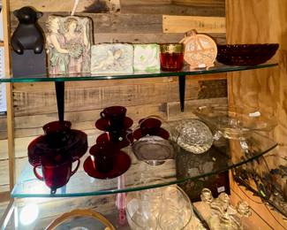 Ruby glass cups & saucers, glass egg, silver plate basket