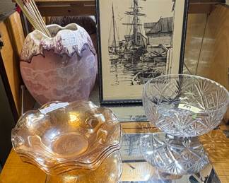Florentine Bowls, Ink Ship Framed picture, Crystal bowl