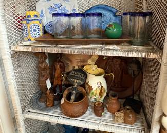Carved wooden statues, Pottery Bowls, Mexico Glasses, Wood trinket boxes, Fish plate,  Ginger jar