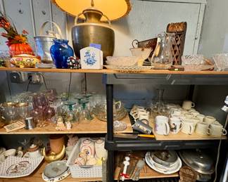 Large brass lamp, Picture frames,  Mugs, Wine glasses, Margarita Glasses, Crystal