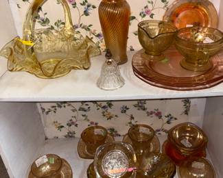 Fenton yellow basket, Florentine Diahes, pink Depression glass