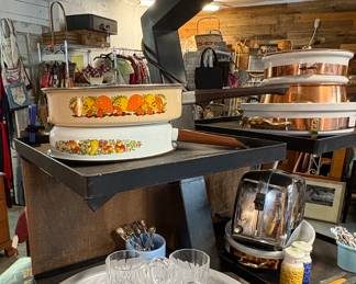 Carved tiger, enamel tray, rocks glasses, Mushroom pan
