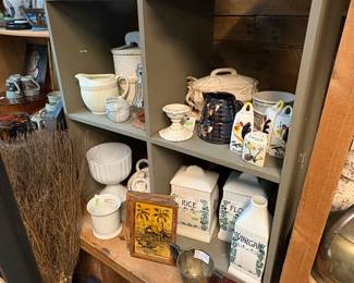 Bee hive, Oil & Vinegar , Canisters, Ironstone, Butter dish, Creamers, milk glass
