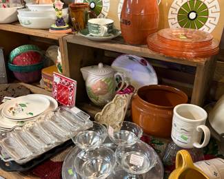 Pink Depression plates, sorbet cups, Corn muffin pans, Gravy Boats