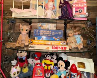 Doll bed, Lion King plush, bisque doll, Vintage children print