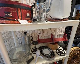 Tea & coffee pots, jello molds, enamel ware, large mixing bowls