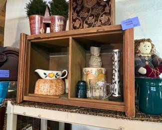 Crates,  splatter ware, figural pitcher,