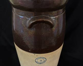 Antique Stoneware Pottery Crock Jug 3 Gallon Primitive 2 Tone Color. Has Chip. $50