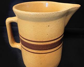  antique yellow ware pottery pitcher with brown mocha bands mid 1800’s