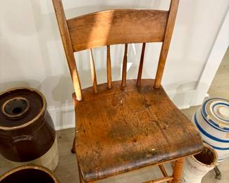 Early American Antique colonial chair Antique 19th century plank slab seat single plank maple hitchcock back $250