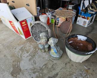 $25 7.5 ft tree, 2yrs old. $30 Flower bird bath, $25 Kissing dutch pair, $12 Heavy ceramic flower pot