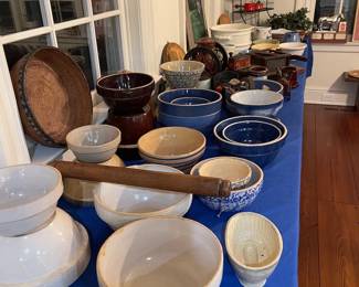 Stoneware bowls, Butter Presses, Antique Bread Boards