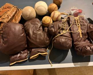 Vintage Spaulding Boxing Gloves, Baseball Mitt, Baseballs