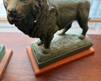 Vintage  Pair Green Painted Plaster Art Institute , Lions Bookends