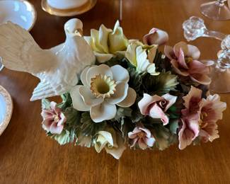 Vintage Capodimonte Porcelain Flowers, Dove. Centerpiece. Italy
